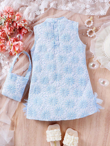 Young Girl's Fashionable Sleeveless Butterfly Knot Dress For Summer With Matching Butterfly Knot Handbag