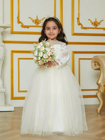Young Girls" Fashionable Solid Color Mesh Dress Suitable For Flower Girl Dress