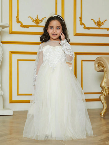 Young Girls" Fashionable Solid Color Mesh Dress Suitable For Flower Girl Dress