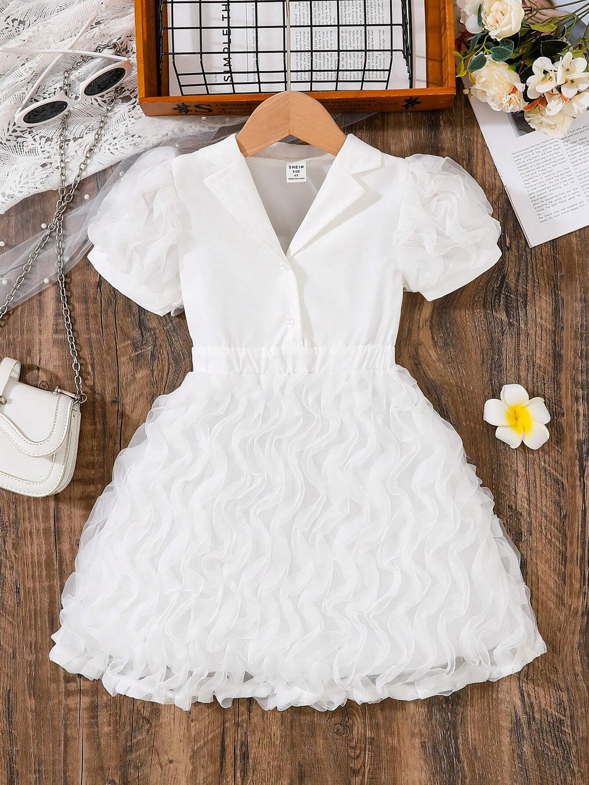 Young Girl's Fashionable Solid Color Puff Sleeve Dress