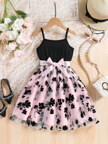 Young Girls' Fashionable Spliced Flower Patterned Cami Dress For Summer Party