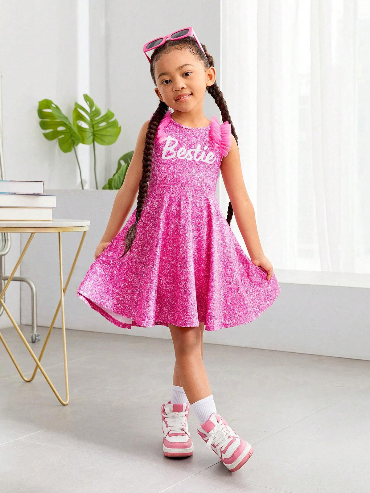 Young Girl's Fashionable Street Style Knitted Round Neck Mesh Ruffle Trim Dress For Spring And Summer