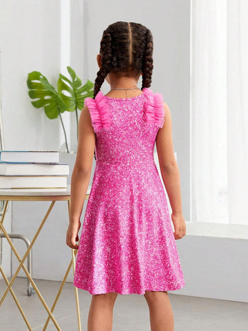 Young Girl's Fashionable Street Style Knitted Round Neck Mesh Ruffle Trim Dress For Spring And Summer