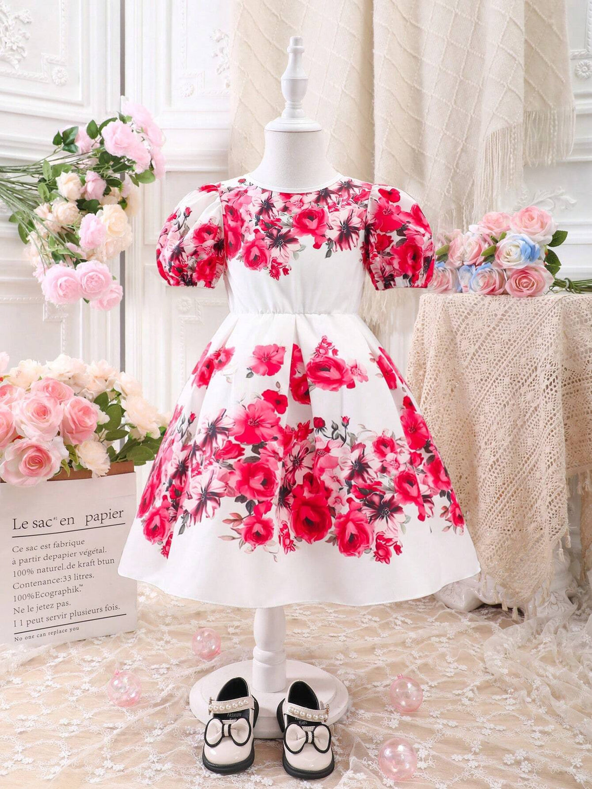 Young Girls Fashionable Summer Floral Bubble Sleeve Casual Dress