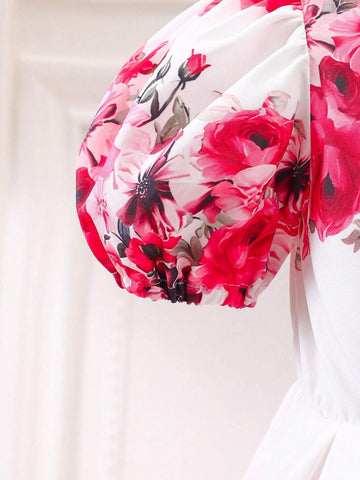 Young Girls Fashionable Summer Floral Bubble Sleeve Casual Dress