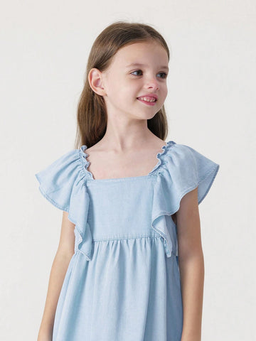 Young Girls' Fashionable Sweet And Cooling Lace Flying Sleeve Square Neck Vest Dress For Summer