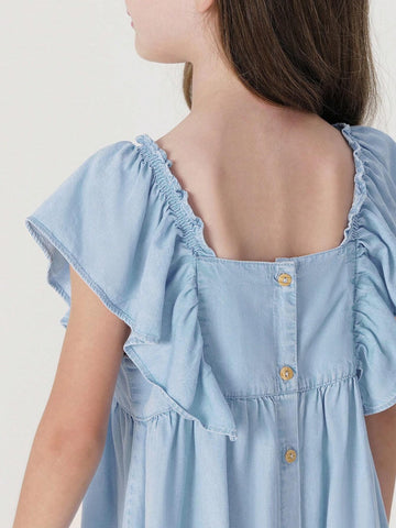 Young Girls' Fashionable Sweet And Cooling Lace Flying Sleeve Square Neck Vest Dress For Summer