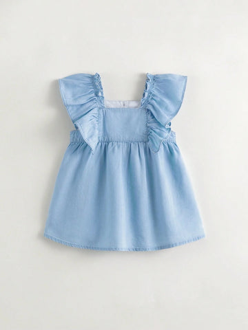 Young Girls' Fashionable Sweet And Cooling Lace Flying Sleeve Square Neck Vest Dress For Summer