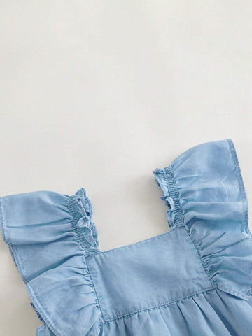 Young Girls' Fashionable Sweet And Cooling Lace Flying Sleeve Square Neck Vest Dress For Summer