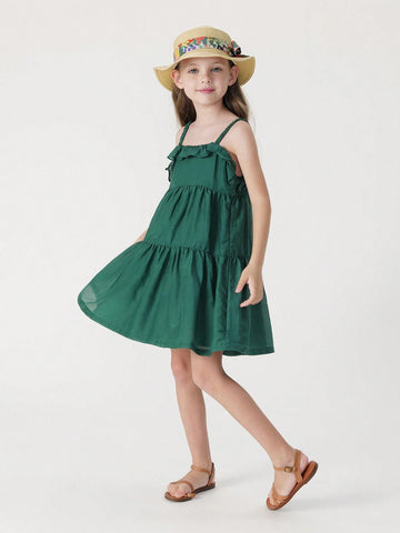 Young Girls' Fashionable Sweet Pleated Lace Trimmed Sleeveless Dress, Summer