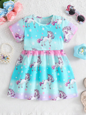 Young Girl's Fashionable Unicorn Pattern Short Sleeve Summer Dress With Cooling Fabric