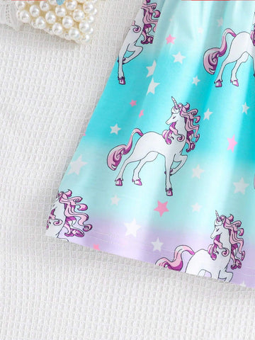 Young Girl's Fashionable Unicorn Pattern Short Sleeve Summer Dress With Cooling Fabric
