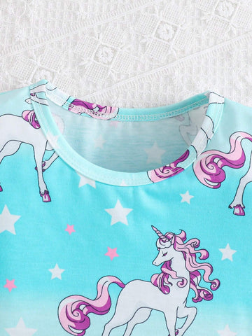 Young Girl's Fashionable Unicorn Pattern Short Sleeve Summer Dress With Cooling Fabric