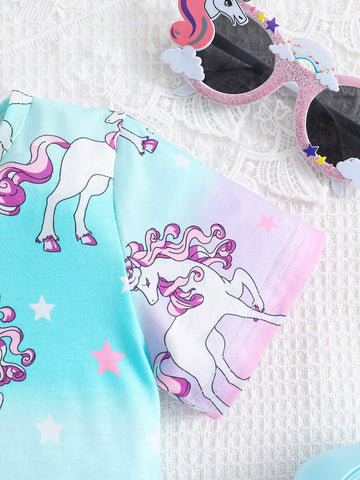 Young Girl's Fashionable Unicorn Pattern Short Sleeve Summer Dress With Cooling Fabric