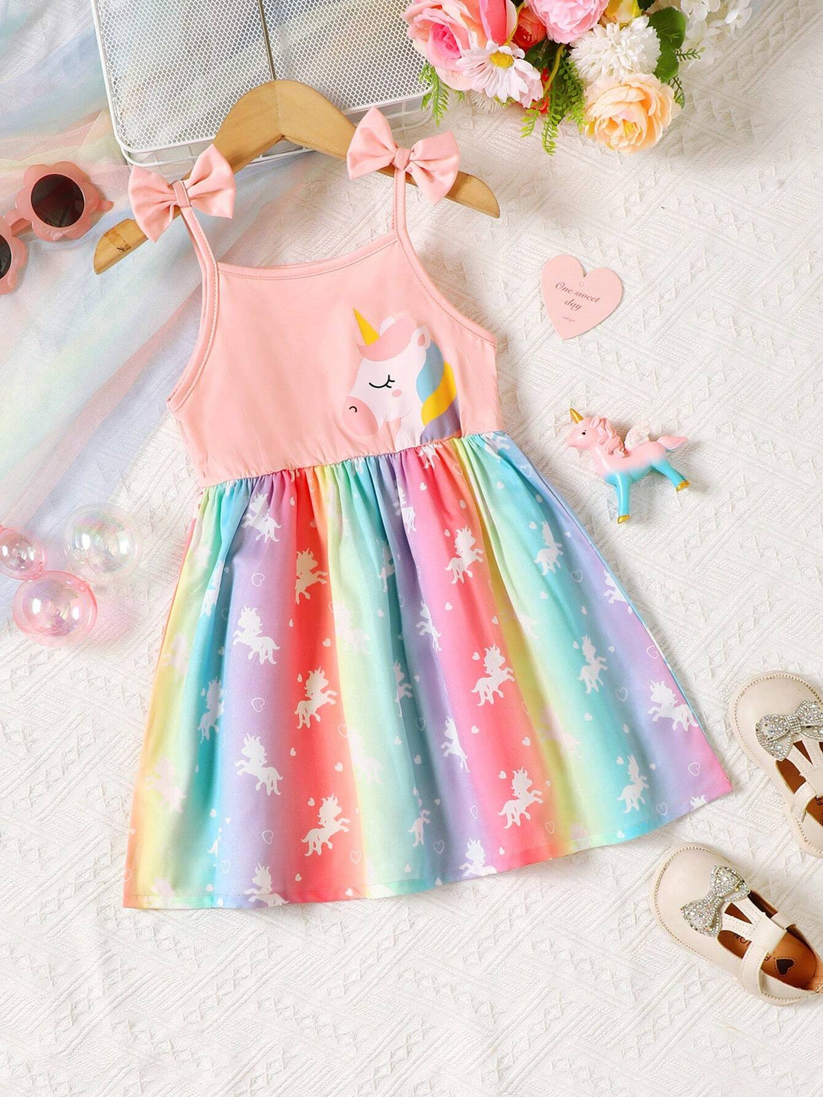 Young Girl's Fashionable Unicorn Printed Dress With Bowknot Decoration Summer, Lovely