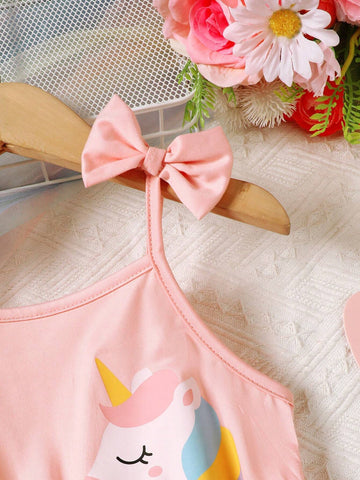 Young Girl's Fashionable Unicorn Printed Dress With Bowknot Decoration Summer, Lovely