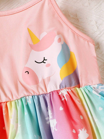 Young Girl's Fashionable Unicorn Printed Dress With Bowknot Decoration Summer, Lovely