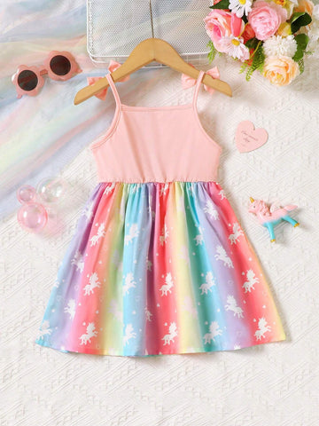 Young Girl's Fashionable Unicorn Printed Dress With Bowknot Decoration Summer, Lovely
