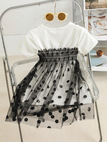Young Girls' Fashionable & Polka Dot Mesh Dress With Shirred Detail, Casual Style