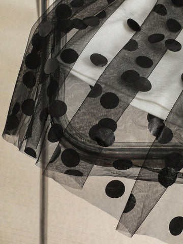 Young Girls' Fashionable & Polka Dot Mesh Dress With Shirred Detail, Casual Style