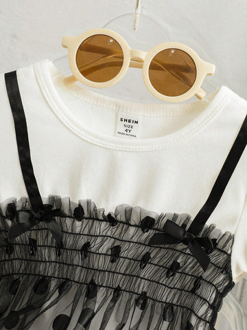 Young Girls' Fashionable & Polka Dot Mesh Dress With Shirred Detail, Casual Style