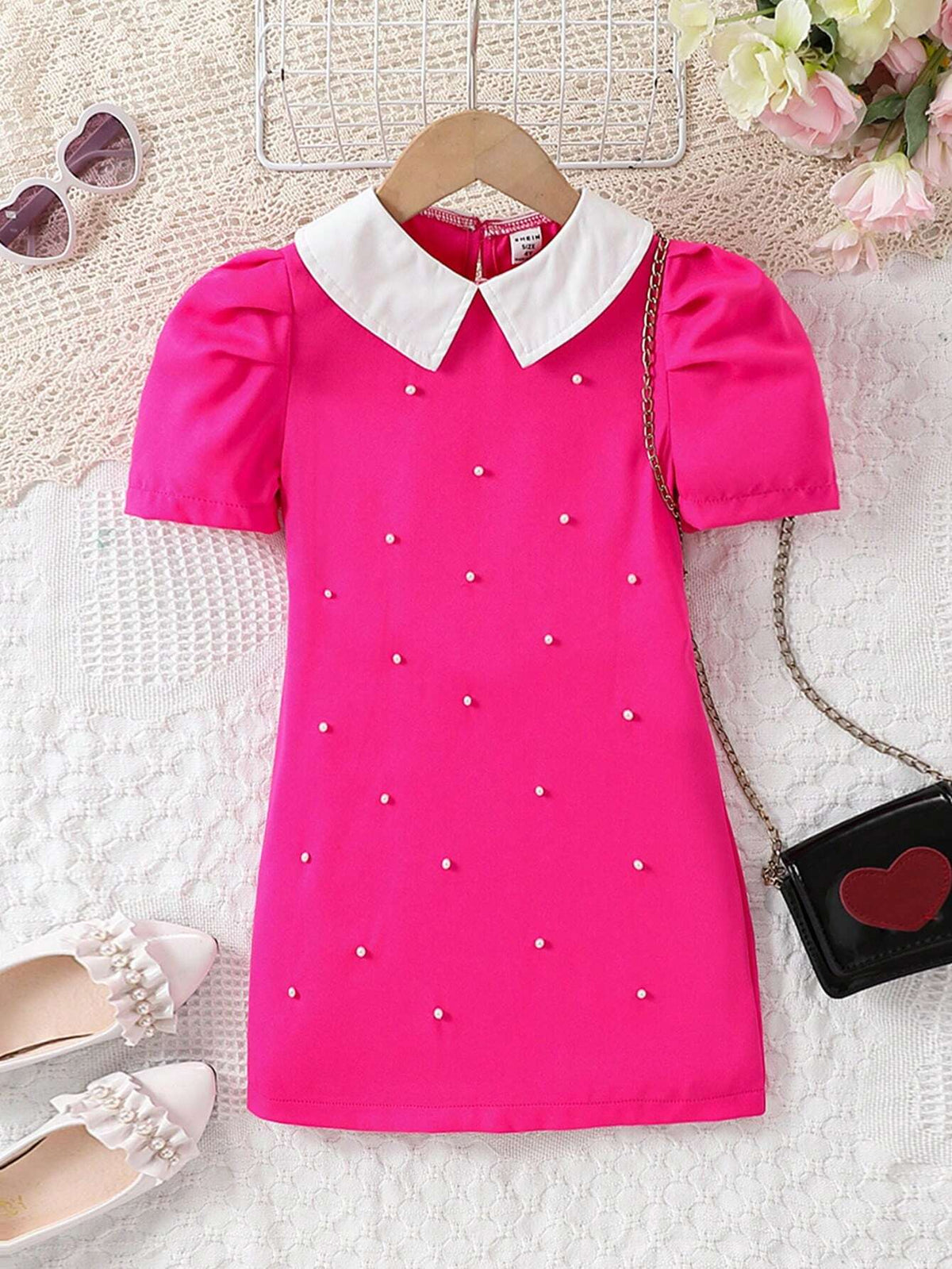 Young Girls Faux Pearl Decor Short Sleeve Dress
