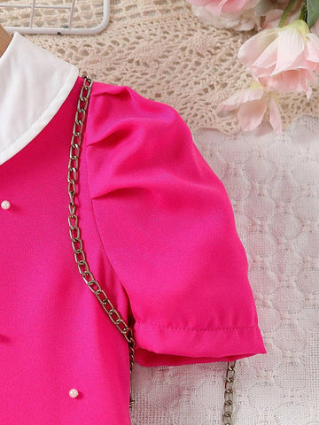 Young Girls Faux Pearl Decor Short Sleeve Dress