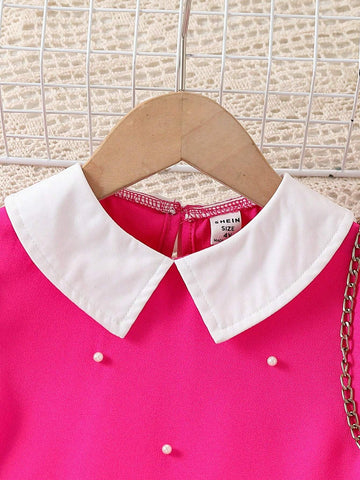 Young Girls Faux Pearl Decor Short Sleeve Dress