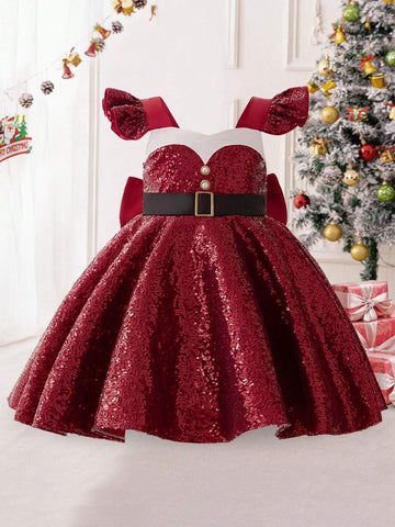 Young Girls' Faux Pearl & Sequin Satin Bow Back Christmas Princess Dress, Suitable For Party Celebration