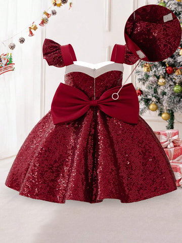 Young Girls' Faux Pearl & Sequin Satin Bow Back Christmas Princess Dress, Suitable For Party Celebration