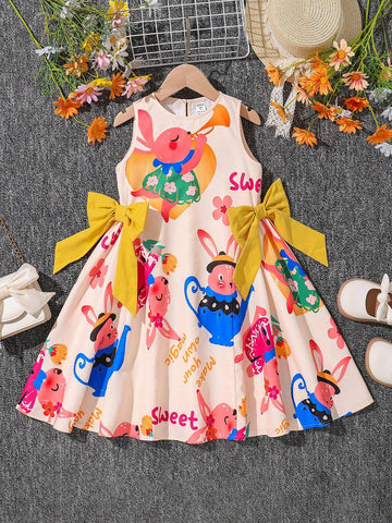 Young Girls Featuring Cute Graffiti Animal Cartoon Pattern ,Sleeveless Dress,Contrasting Color Block Bowknot Detail