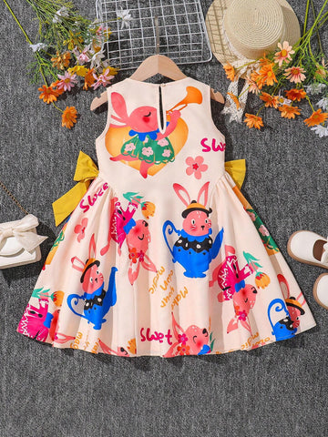 Young Girls Featuring Cute Graffiti Animal Cartoon Pattern ,Sleeveless Dress,Contrasting Color Block Bowknot Detail