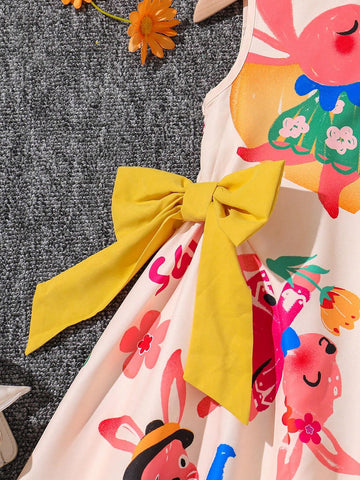 Young Girls Featuring Cute Graffiti Animal Cartoon Pattern ,Sleeveless Dress,Contrasting Color Block Bowknot Detail