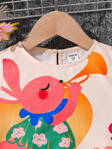Young Girls Featuring Cute Graffiti Animal Cartoon Pattern ,Sleeveless Dress,Contrasting Color Block Bowknot Detail