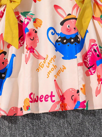 Young Girls Featuring Cute Graffiti Animal Cartoon Pattern ,Sleeveless Dress,Contrasting Color Block Bowknot Detail