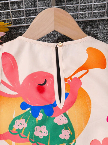 Young Girls Featuring Cute Graffiti Animal Cartoon Pattern ,Sleeveless Dress,Contrasting Color Block Bowknot Detail