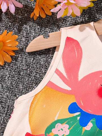 Young Girls Featuring Cute Graffiti Animal Cartoon Pattern ,Sleeveless Dress,Contrasting Color Block Bowknot Detail