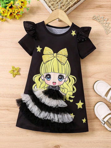 Young Girls Figure Graphic Ruffle Trim Tee Dress
