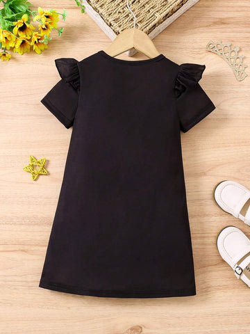 Young Girls Figure Graphic Ruffle Trim Tee Dress
