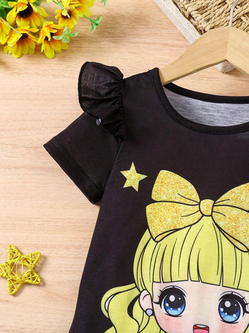 Young Girls Figure Graphic Ruffle Trim Tee Dress