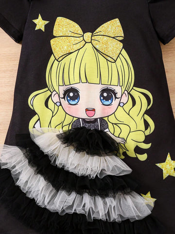 Young Girls Figure Graphic Ruffle Trim Tee Dress