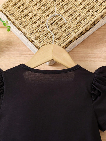 Young Girls Figure Graphic Ruffle Trim Tee Dress