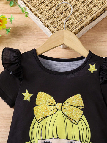 Young Girls Figure Graphic Ruffle Trim Tee Dress