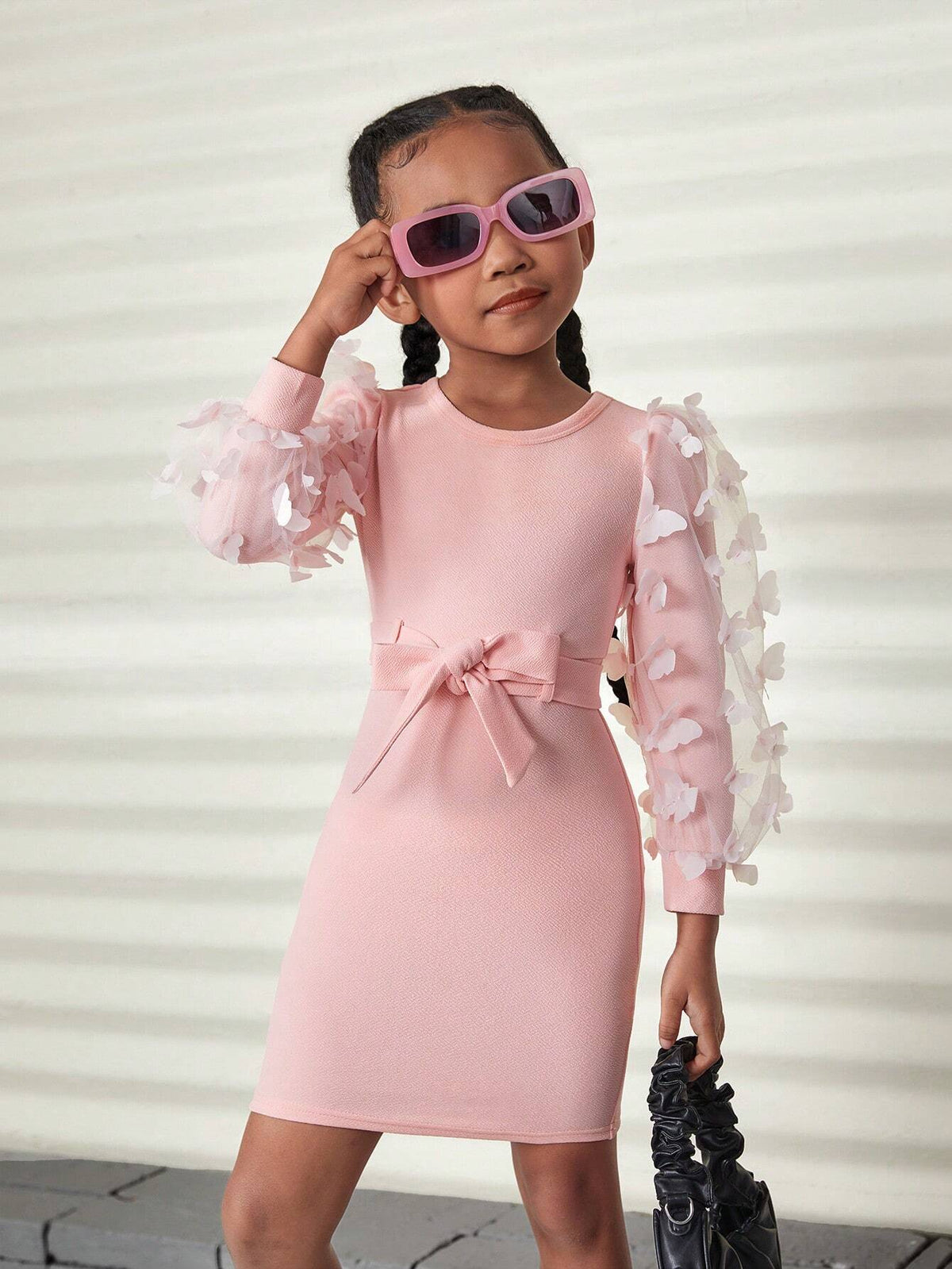 Young Girls' Fitted Dress With 3D Butterfly & Mesh Patchwork Fitted Dress With Belt,Cool Girl's Summer & Fall