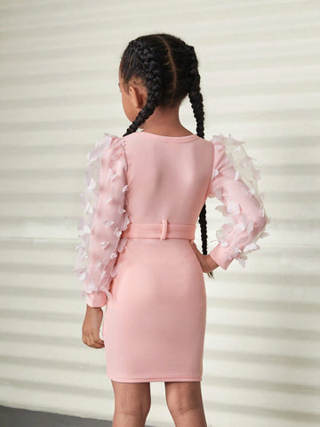 Young Girls' Fitted Dress With 3D Butterfly & Mesh Patchwork Fitted Dress With Belt,Cool Girl's Summer & Fall