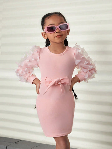 Young Girls' Fitted Dress With 3D Butterfly & Mesh Patchwork Fitted Dress With Belt,Cool Girl's Summer & Fall