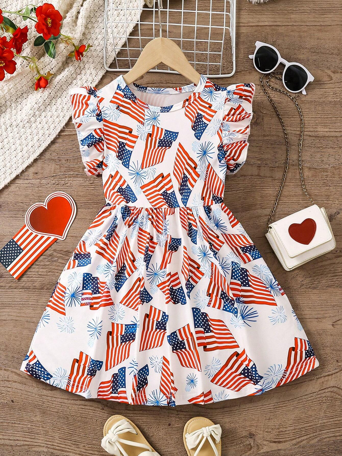 Young Girls" Flag & Fireworks Printed Round Neck Dress With Ruffled Sleeves For Summer