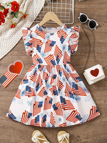 Young Girls" Flag & Fireworks Printed Round Neck Dress With Ruffled Sleeves For Summer