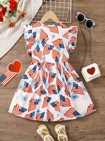 Young Girls" Flag & Fireworks Printed Round Neck Dress With Ruffled Sleeves For Summer