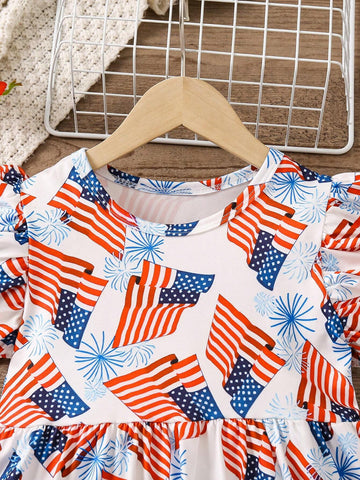 Young Girls" Flag & Fireworks Printed Round Neck Dress With Ruffled Sleeves For Summer